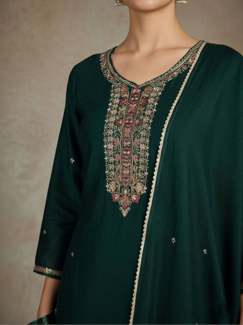Women Ethnic Motifs Embroidered Regular Thread Work Kurta with Trousers & With Dupatta