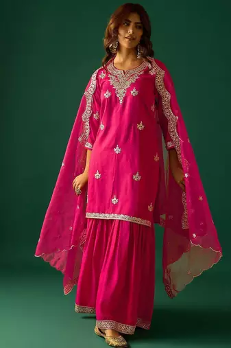 Women Ethnic Motifs Embroidered Kurta with Sharara & Dupatta