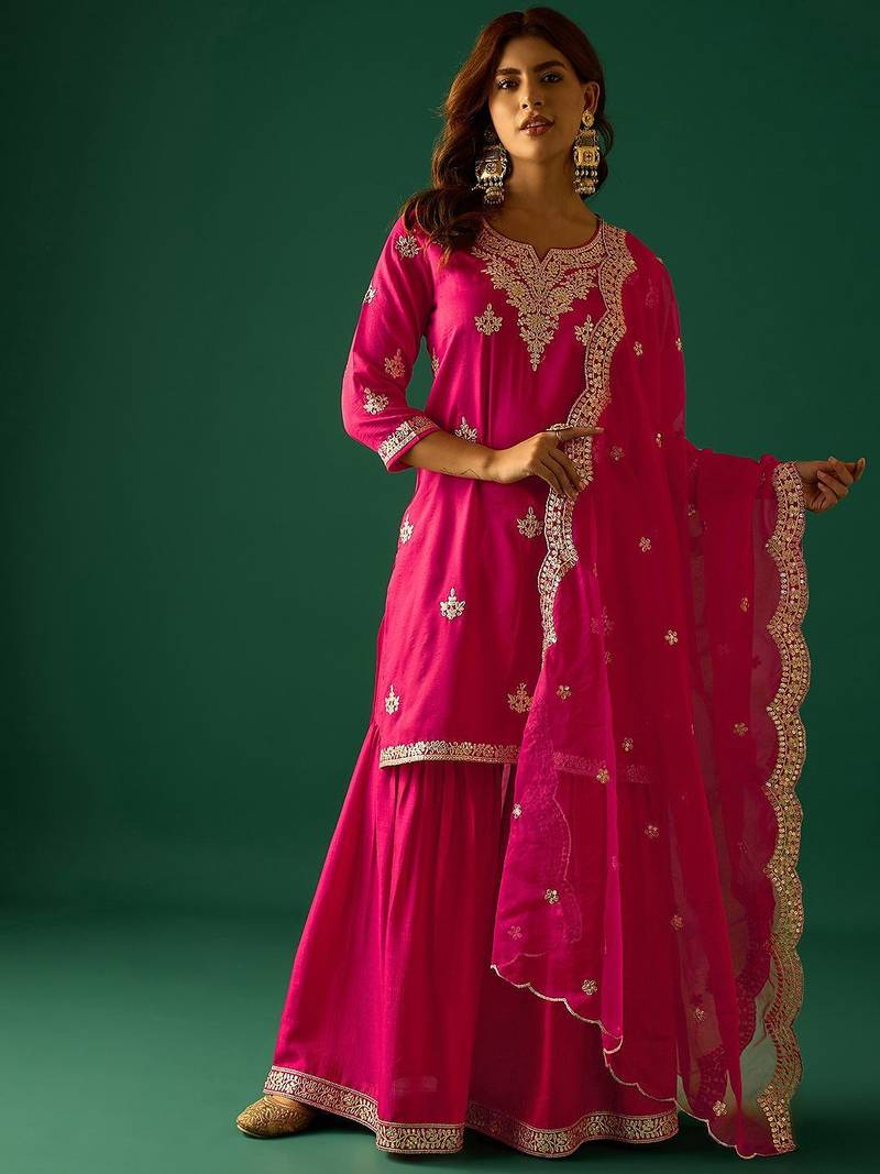 Women Ethnic Motifs Embroidered Kurta with Sharara & Dupatta