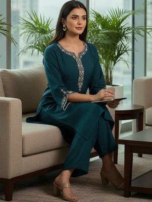 Women Ethnic Motifs Embroidered Regular Thread Work Kurta with Trousers 1