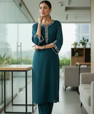 Women Ethnic Motifs Embroidered Regular Thread Work Kurta with Trousers 3
