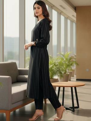 Women Striped Regular Silk Crepe Kurta with Trousers 2