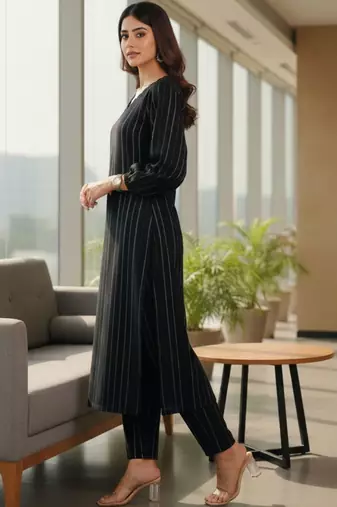 Women Striped Regular Silk Crepe Kurta with Trousers