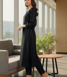 Women Striped Regular Silk Crepe Kurta with Trousers