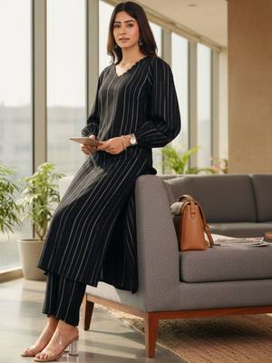 Women Striped Regular Silk Crepe Kurta with Trousers 1