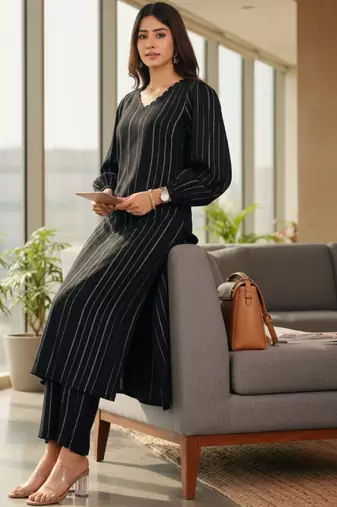 Women Striped Regular Silk Crepe Kurta with Trousers