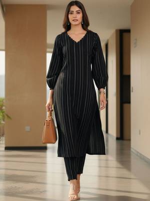 Women Striped Regular Silk Crepe Kurta with Trousers 3
