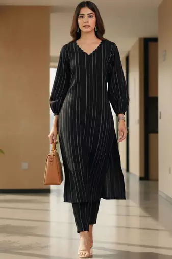 Women Striped Regular Silk Crepe Kurta with Trousers