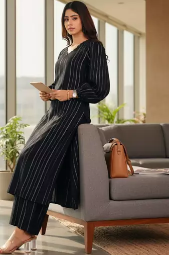 Women Striped Regular Silk Crepe Kurta with Trousers