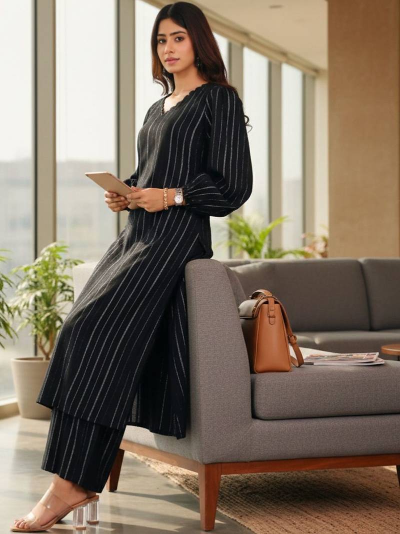 Women Striped Regular Silk Crepe Kurta with Trousers