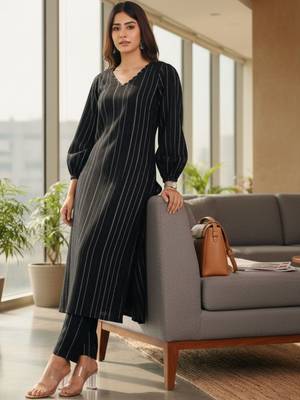 Women Striped Regular Silk Crepe Kurta with Trousers 5