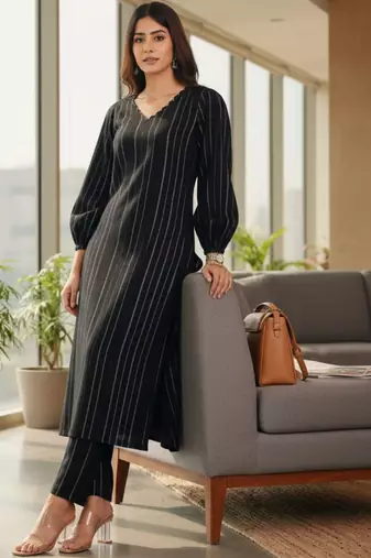 Women Striped Regular Silk Crepe Kurta with Trousers