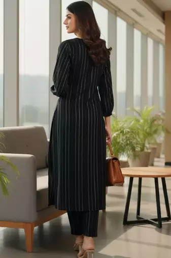 Women Striped Regular Silk Crepe Kurta with Trousers