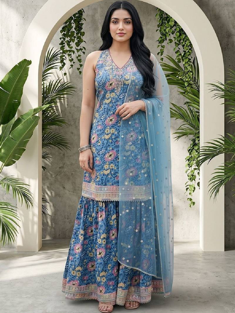 Women Floral Printed Regular Sequinned Kurta with Sharara & With Dupatta