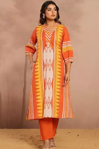 Cotton Geometric Printed Straight Kurta With Tassel Detail