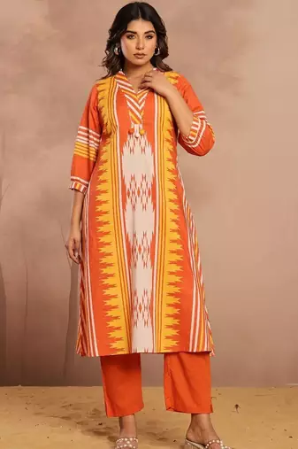 Cotton Geometric Printed Straight Kurta With Tassel Detail