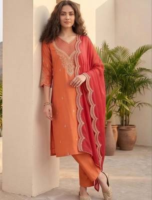 Women Ethnic Motifs Embroidered Regular Thread Work Kurta with Trousers & With Dupatta 1
