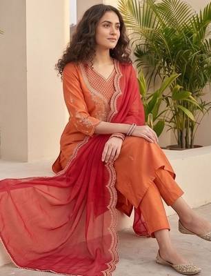 Women Ethnic Motifs Embroidered Regular Thread Work Kurta with Trousers & With Dupatta 2