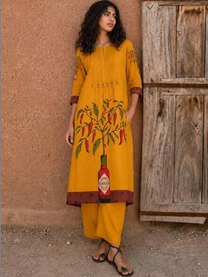 Cotton Mustard Kurta Set With Pintuck Detailing Paired With Solid Trouser. 1