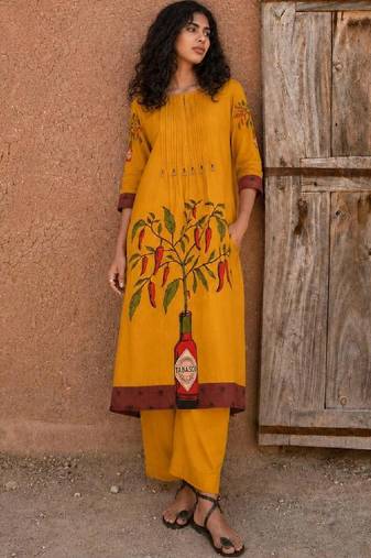 Cotton Mustard Kurta Set With Pintuck Detailing Paired With Solid Trouser.