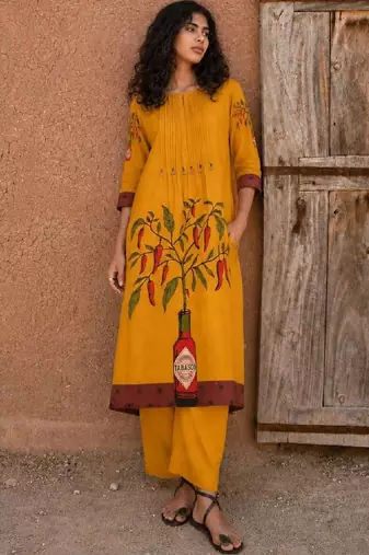 Cotton Mustard Kurta Set With Pintuck Detailing Paired With Solid Trouser.