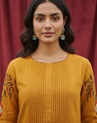 Cotton Mustard Kurta Set With Pintuck Detailing Paired With Solid Trouser. 3
