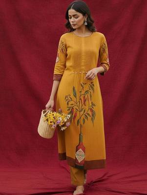 Cotton Mustard Kurta Set With Pintuck Detailing Paired With Solid Trouser. 4