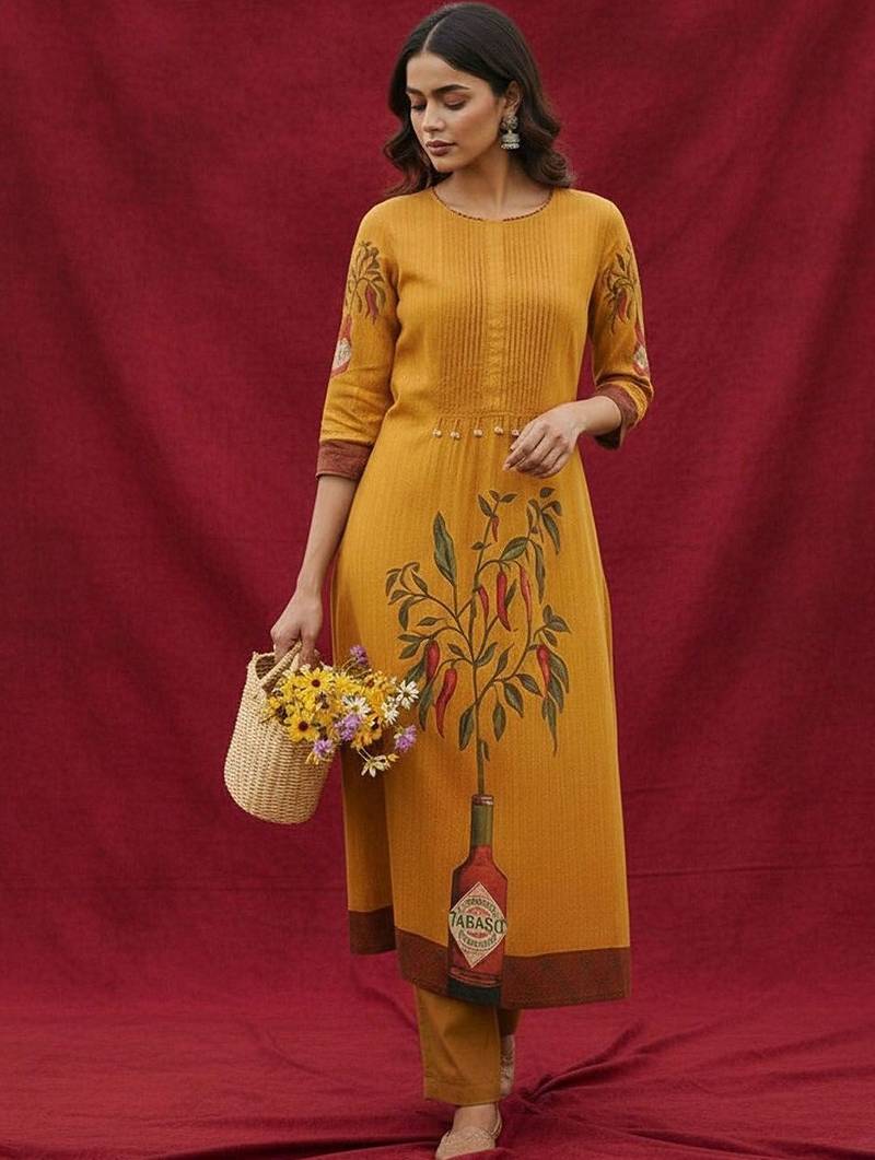 Cotton Mustard Kurta Set With Pintuck Detailing Paired With Solid Trouser.
