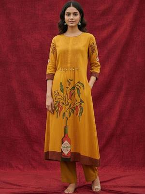Cotton Mustard Kurta Set With Pintuck Detailing Paired With Solid Trouser. 5