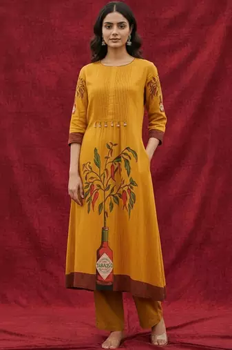 Cotton Mustard Kurta Set With Pintuck Detailing Paired With Solid Trouser.