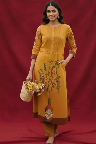Cotton Mustard Kurta Set With Pintuck Detailing Paired With Solid Trouser.