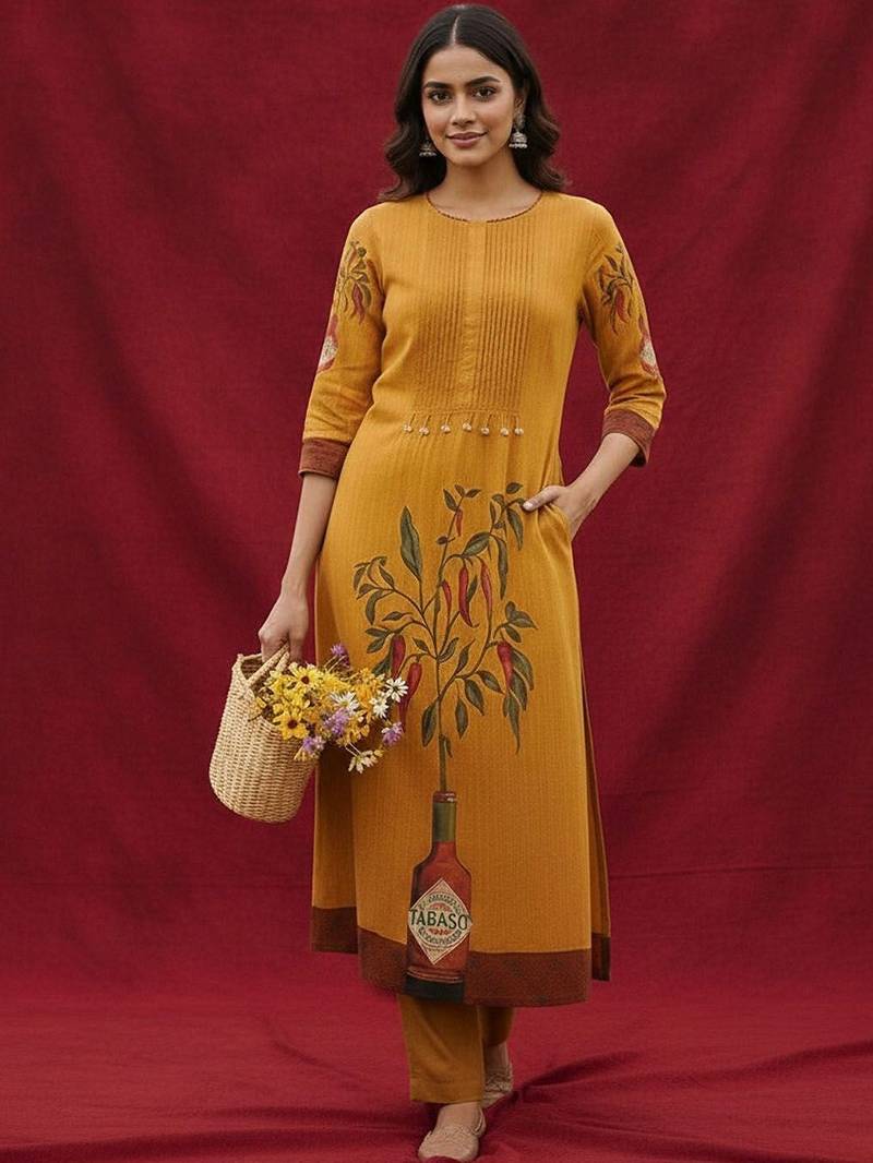 Cotton Mustard Kurta Set With Pintuck Detailing Paired With Solid Trouser.