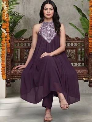 Women Ethnic Motifs Embroidered Pleated Thread Work Silk Georgette Kurta with Trousers 1