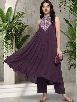 Women Ethnic Motifs Embroidered Pleated Thread Work Silk Georgette Kurta with Trousers 3
