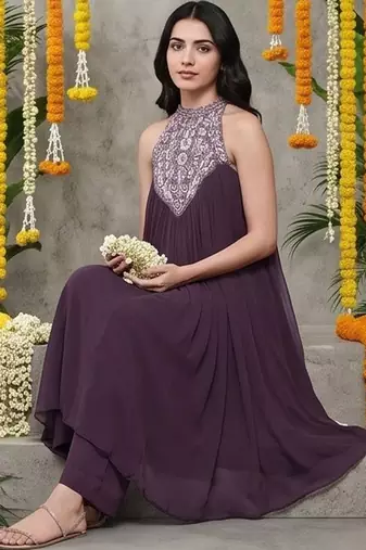 Women Ethnic Motifs Embroidered Pleated Thread Work Silk Georgette Kurta with Trousers