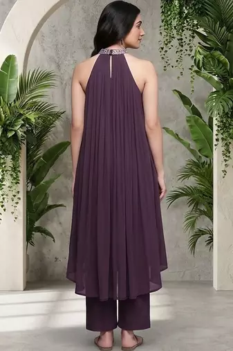 Women Ethnic Motifs Embroidered Pleated Thread Work Silk Georgette Kurta with Trousers