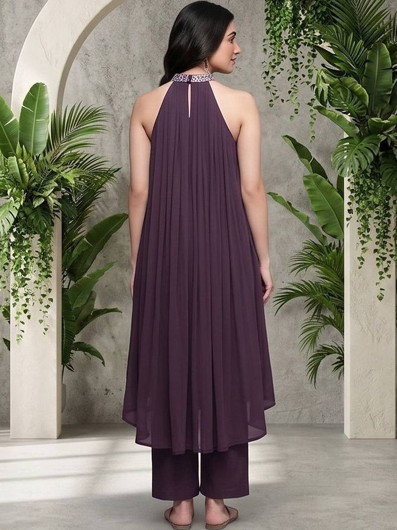Women Ethnic Motifs Embroidered Pleated Thread Work Silk Georgette Kurta with Trousers
