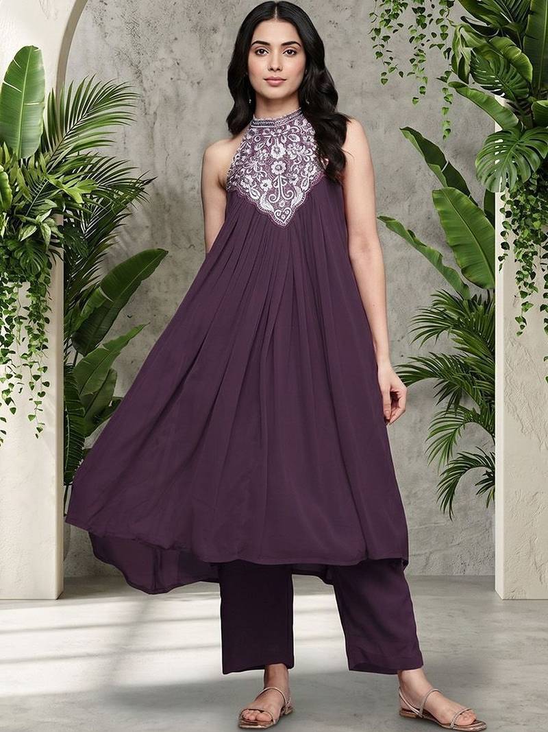 Women Ethnic Motifs Embroidered Pleated Thread Work Silk Georgette Kurta with Trousers