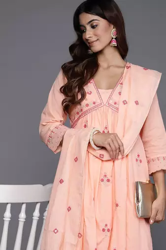 Floral Embroidered Empire Mirror Work  Cotton Kurta with Trousers & Dupatta