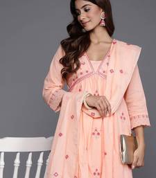 Floral Embroidered Empire Mirror Work  Cotton Kurta with Trousers & Dupatta