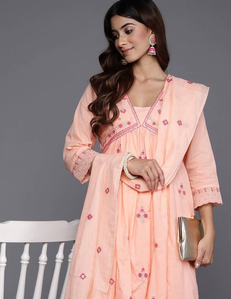 Floral Embroidered Empire Mirror Work  Cotton Kurta with Trousers & Dupatta