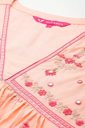 Floral Embroidered Empire Mirror Work  Cotton Kurta with Trousers & Dupatta