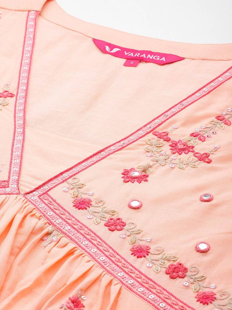 Floral Embroidered Empire Mirror Work  Cotton Kurta with Trousers & Dupatta