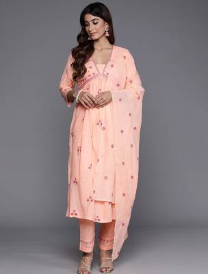 Floral Embroidered Empire Mirror Work  Cotton Kurta with Trousers & Dupatta 1