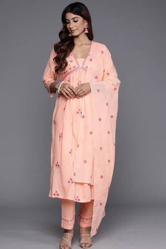 Floral Embroidered Empire Mirror Work  Cotton Kurta with Trousers & Dupatta