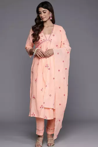 Floral Embroidered Empire Mirror Work  Cotton Kurta with Trousers & Dupatta