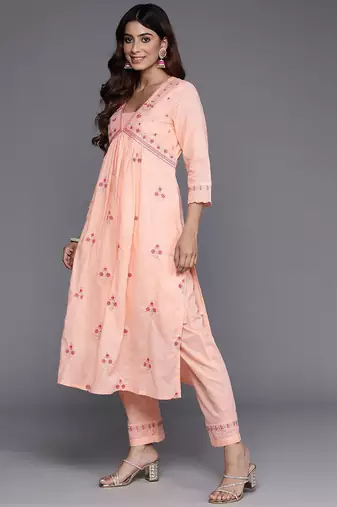Floral Embroidered Empire Mirror Work  Cotton Kurta with Trousers & Dupatta