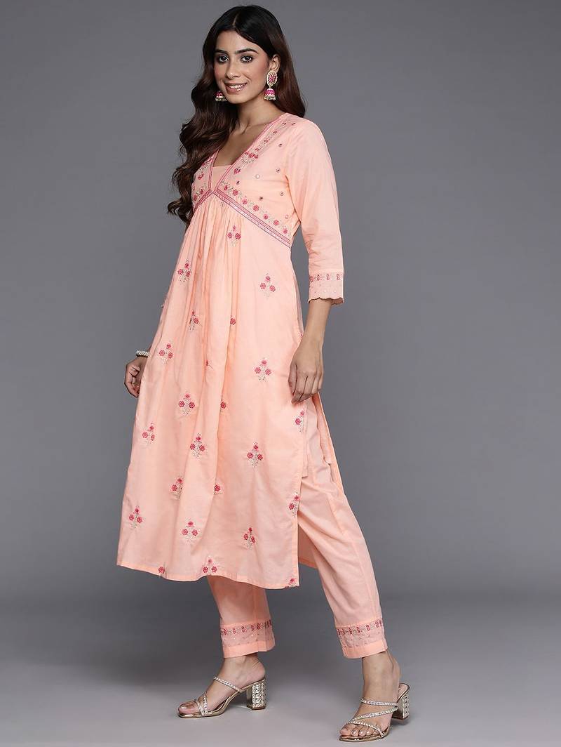 Floral Embroidered Empire Mirror Work  Cotton Kurta with Trousers & Dupatta