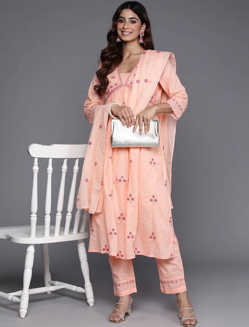 Floral Embroidered Empire Mirror Work  Cotton Kurta with Trousers & Dupatta