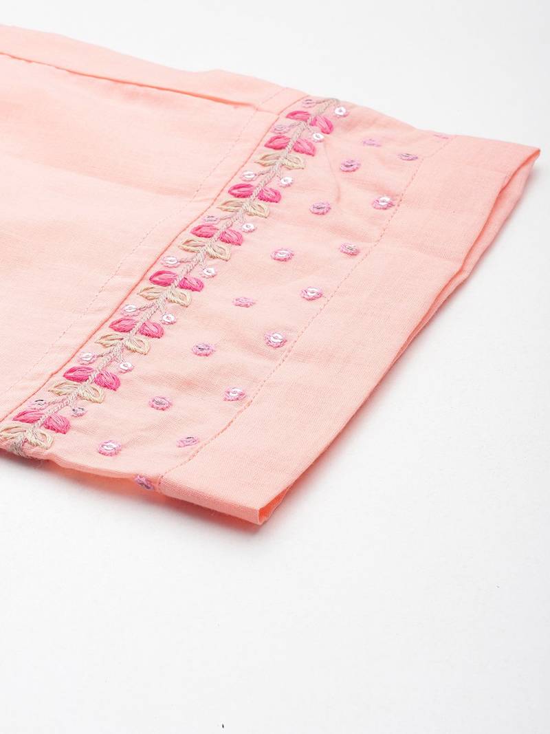 Floral Embroidered Empire Mirror Work  Cotton Kurta with Trousers & Dupatta